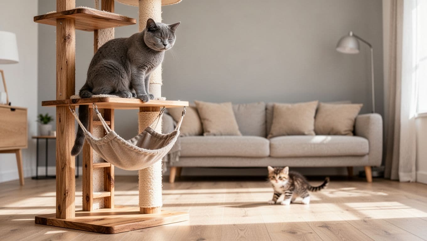 An elegant shorthair cat is perched high on a premium solid wood cat tree with hammock, warily observing a blurred small new kitten playing on the floor in a modern Scandinavian living room with bright natural light and minimalist decor.