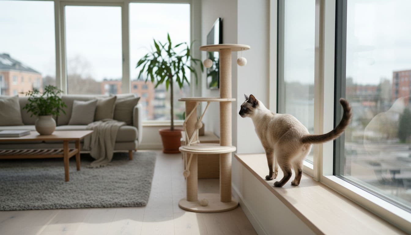 An elegant female Siamese cat perches on a wide windowsill in a modern Scandinavian apartment living room, gazing intently outside with ears forward and tail flicking, showing desire to go out. The cozy minimalist interior features bright natural daylight, light wood floors, beige cushions, subtle greenery, and a stylish wooden cat tree.