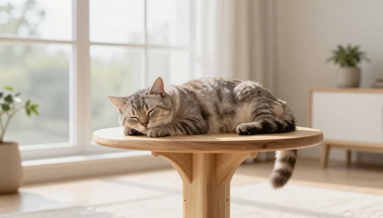 An elegant adult cat dozes lightly on a comfortable platform of a premium light natural wood cat tree, ears slightly alert and eyes half-closed vigilant, in a modern minimalist Scandinavian interior with abundant natural light and neutral tones.