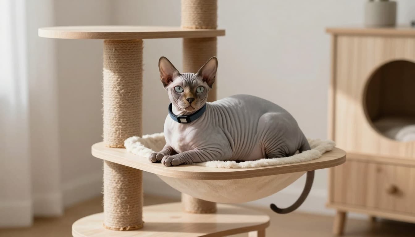 An elegant Sphynx cat wears a flea collar comfortably while lounging on a luxury natural wood cat tree in a cozy Scandinavian interior. Bright natural light highlights the minimalist decor in soft greys, beiges, and light wood, creating a warm, content mood.