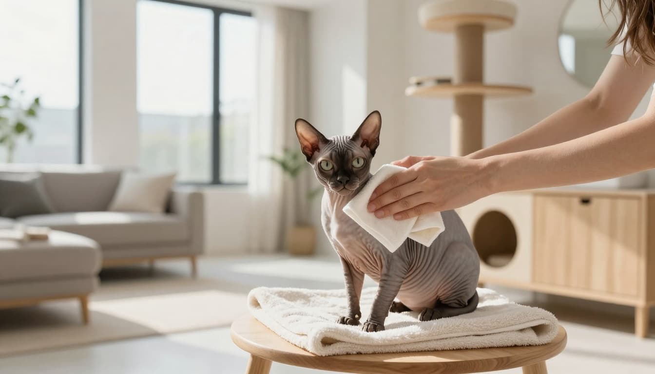 A hairless Sphynx cat is gently wiped down with a damp cloth by its owner in a bright, modern Scandinavian bathroom with natural light and minimalist decor.