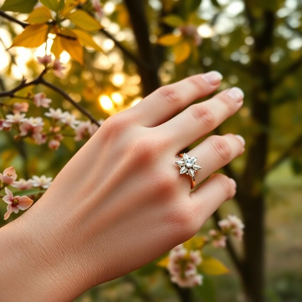 Main féminine avec alliance et bague de fiançailles superposées dans un décor bohème, lumière douce au coucher du soleil