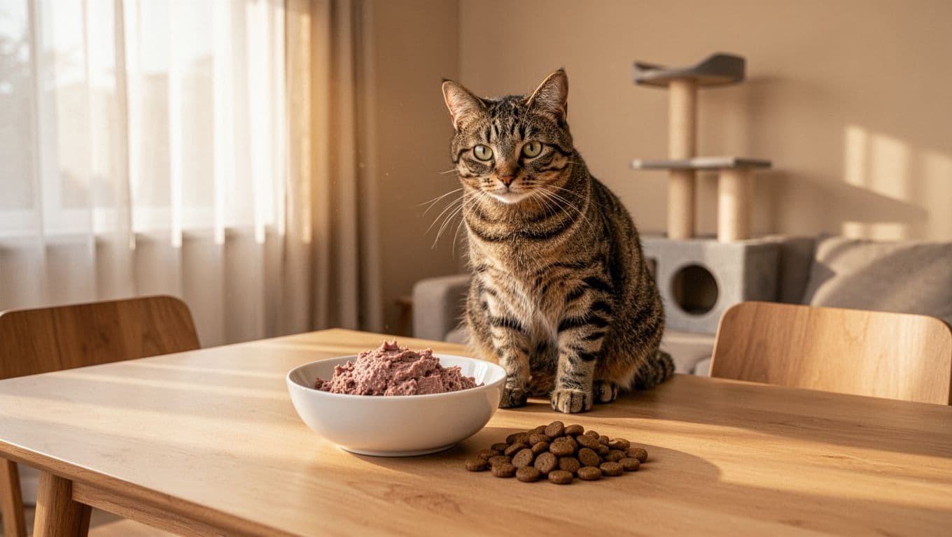 An elegant tabby cat sits near a white ceramic bowl of wet pate food beside dry kibble on a light wooden dining table in a cozy minimalist Scandinavian living room, illuminated by soft morning sunlight filtering through sheer curtains.
