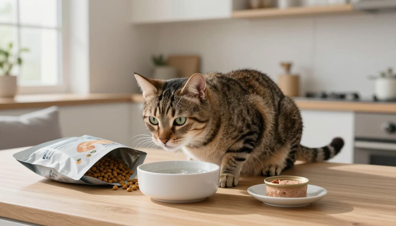 An elegant tabby cat with green eyes calmly drinks fresh water from a white ceramic bowl next to dry kibble and wet pâté on a light wooden counter in a bright Scandinavian minimalist kitchen.
