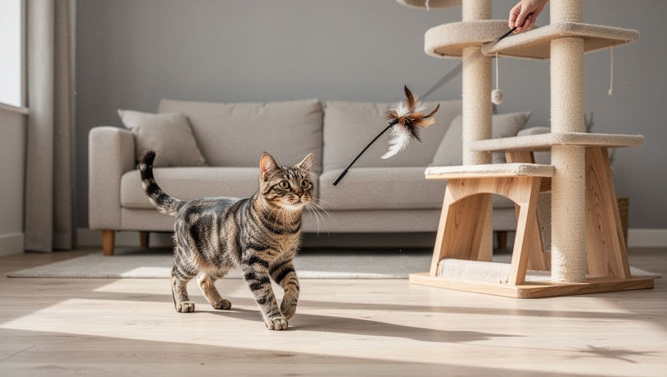 An elegant tabby cat playfully engages with a feather wand toy on a light wood floor near a premium solid wood cat tree in a bright modern Scandinavian living room. The focus is on the cat's curious interaction, with a minimalist background featuring neutral colors and natural daylight.