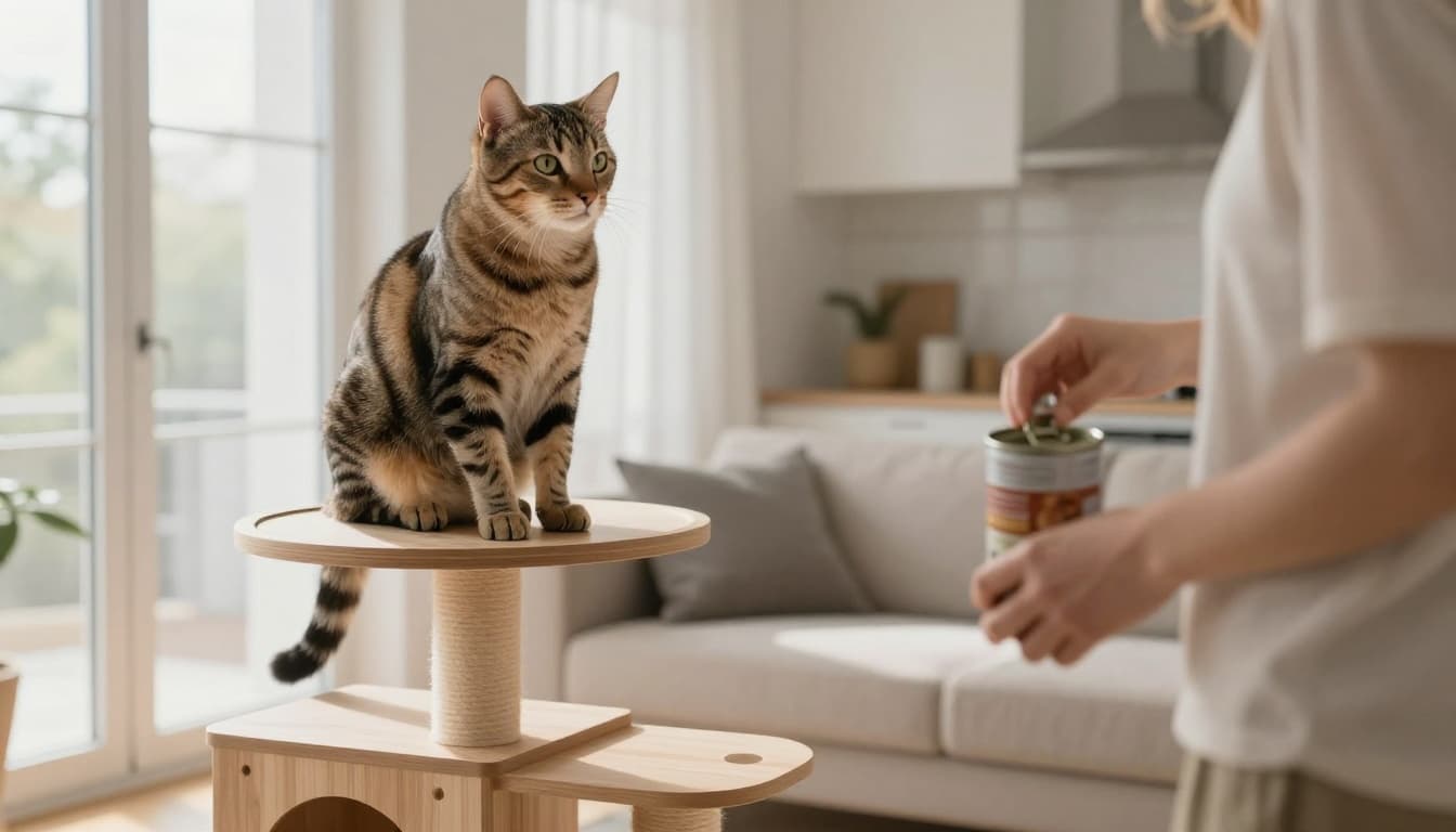 An elegant tabby cat perches high on a premium wooden cat tree in a bright Scandinavian living room, intently watching a blurred person preparing a meal in the kitchen.