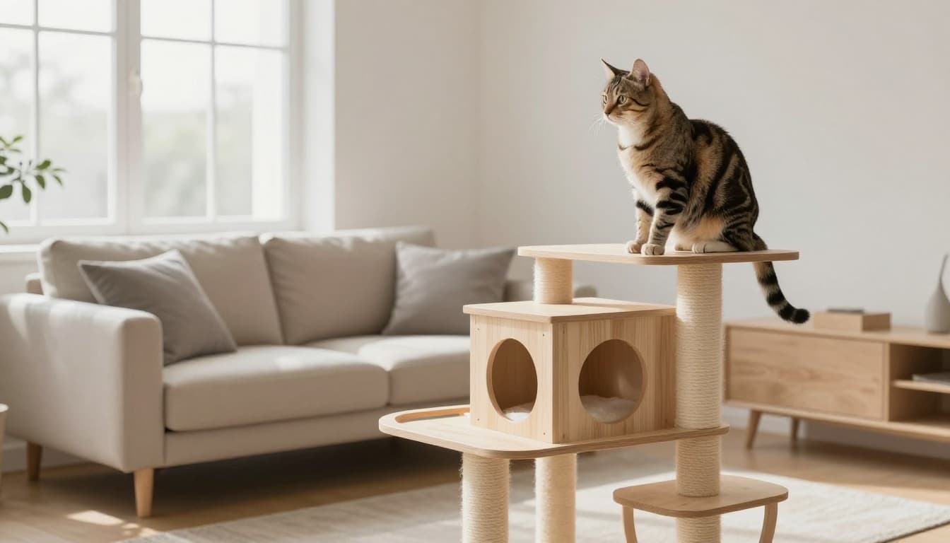 An elegant tabby cat perches confidently on a high platform of a stylish solid wood cat tree in a bright Scandinavian living room with minimalist furniture and natural daylight.