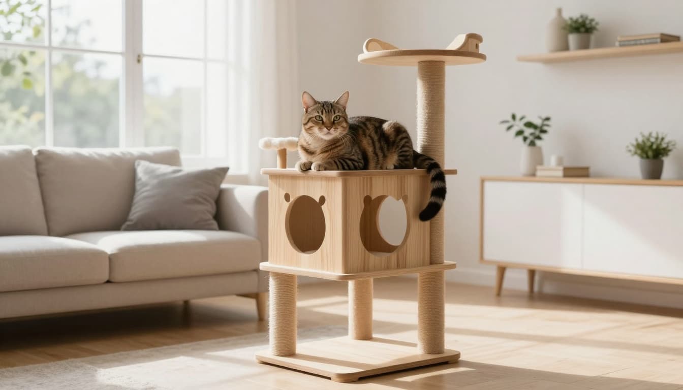 A mature elegant tabby cat relaxes comfortably on the top platform of a sturdy multi-level wooden cat tree in a bright Scandinavian living room with natural light and minimalist decor.