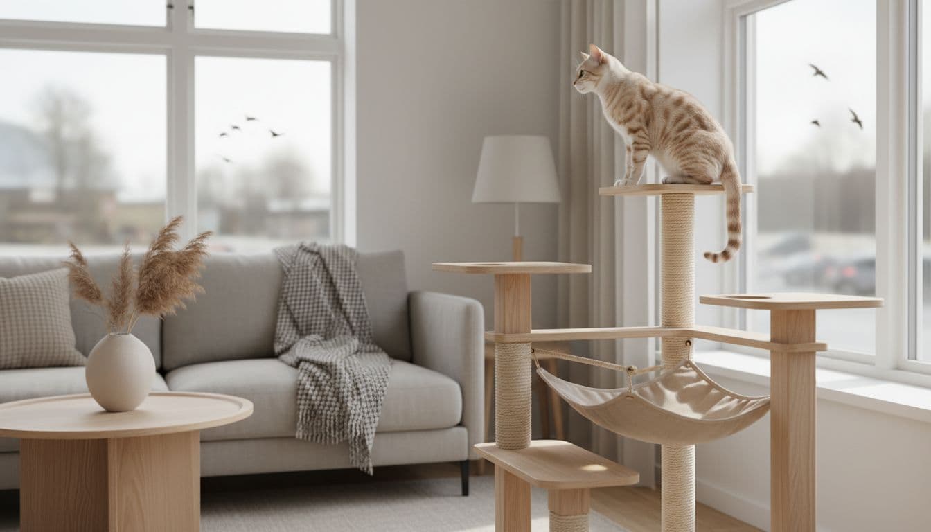 Premium lifestyle photo of a stylish wooden cat tree in a bright Scandinavian living room, with an elegant tabby cat perched on top gazing out at birds and street activity through a large sunny window. Minimalist decor, neutral tones, natural light, and soft depth of field create a cozy, modern atmosphere.