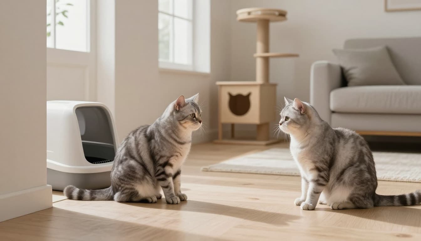 Two elegant cats, one light grey and one tabby, in a bright modern Scandinavian living room; the tabby sits near a clean open litter box while the grey cat waits hesitantly nearby, with natural light and minimalist decor.