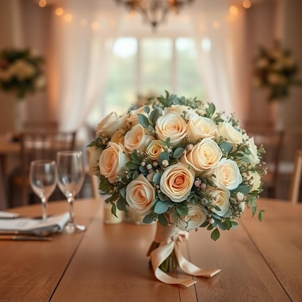 Bouquet vermeil élégant avec roses crème, eucalyptus argenté et pivoines blush, ruban satin doré, posé sur une table en bois clair sous une lumière douce