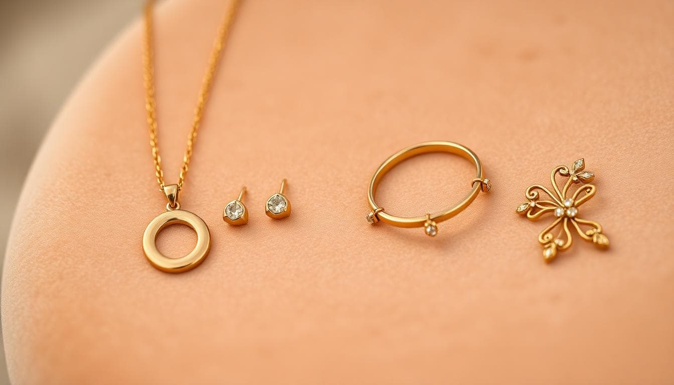 Cinq bijoux en vermeil disposés sur un velours: pendentif, puces, bracelet fin, bague classique et broche délicate, lumière chaude et détails soignés