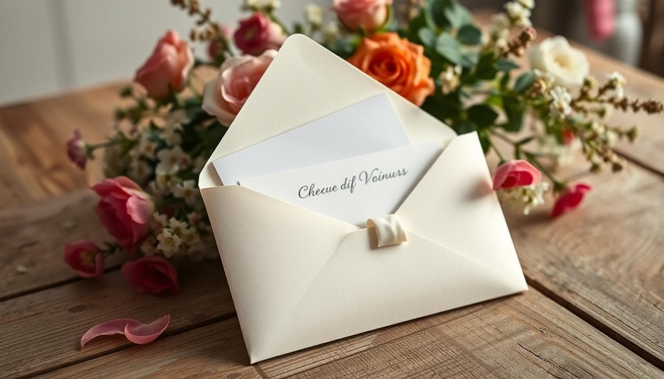 Enveloppe de mariage bohème avec chèque et carte sur table en bois, ambiance douce et romantique