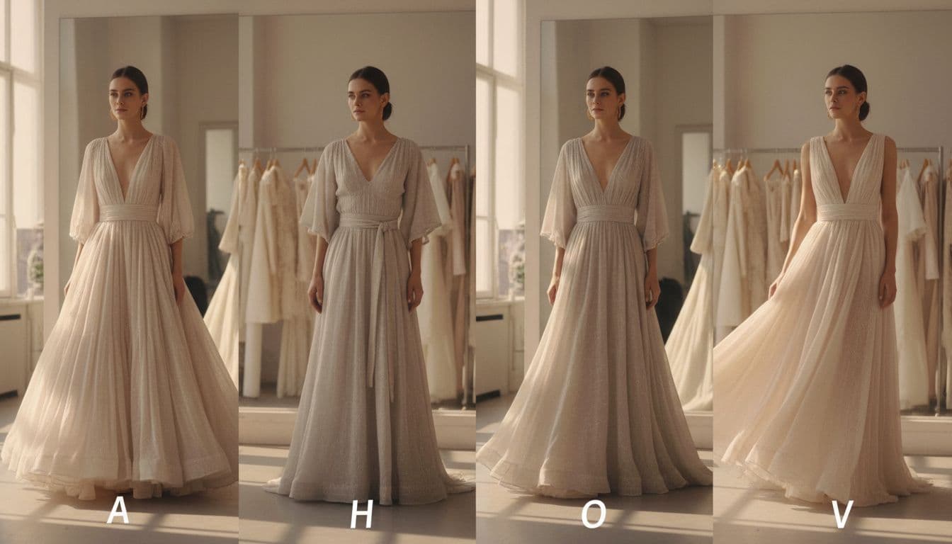 Essayages de robes bohèmes selon différentes morphologies en atelier, silhouettes A, H, O, V