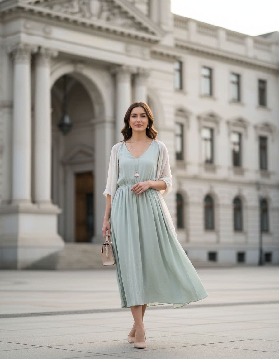 Invitée en robe midi claire avec châle léger devant une mairie, style chic et discret