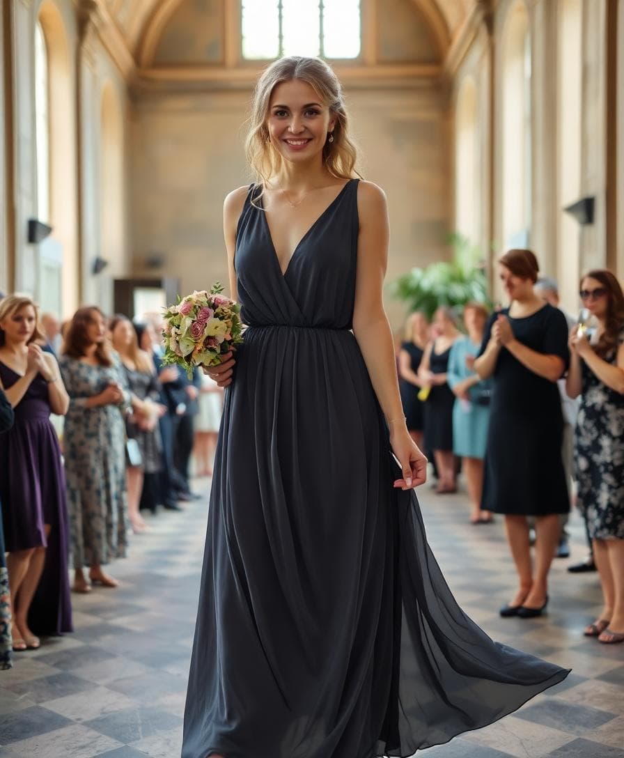 Une femme élégante portant une robe fluide gris anthracite à un mariage civil à la mairie en France, ambiance joyeuse et sophistiquée, architecture classique en arrière-plan, invités en tenues chic, lumière naturelle douce filtrant par les fenêtres, style bohème chic avec détails subtils comme des bijoux dorés et un bouquet fleuri, focus sur la robe qui ondule légèrement, mood festif et intemporel, photographie réaliste haute résolution