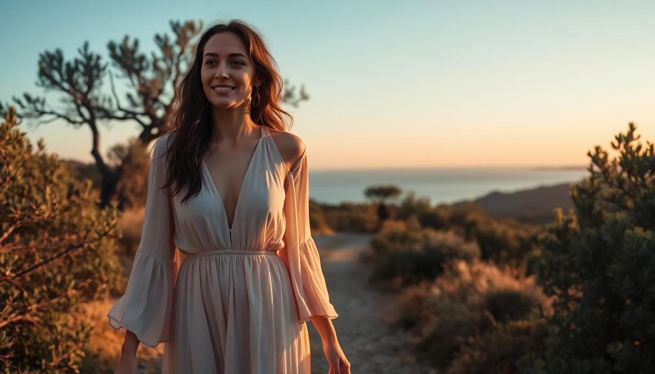 Jeune femme sur un chemin romantique en Corse au coucher du soleil, style bohème fluide