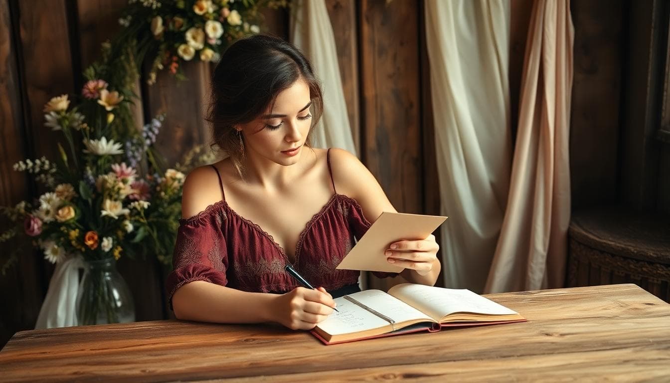 Femme réfléchissant à son enveloppe de mariage, ambiance bohème, fleurs sauvages et carnet de notes