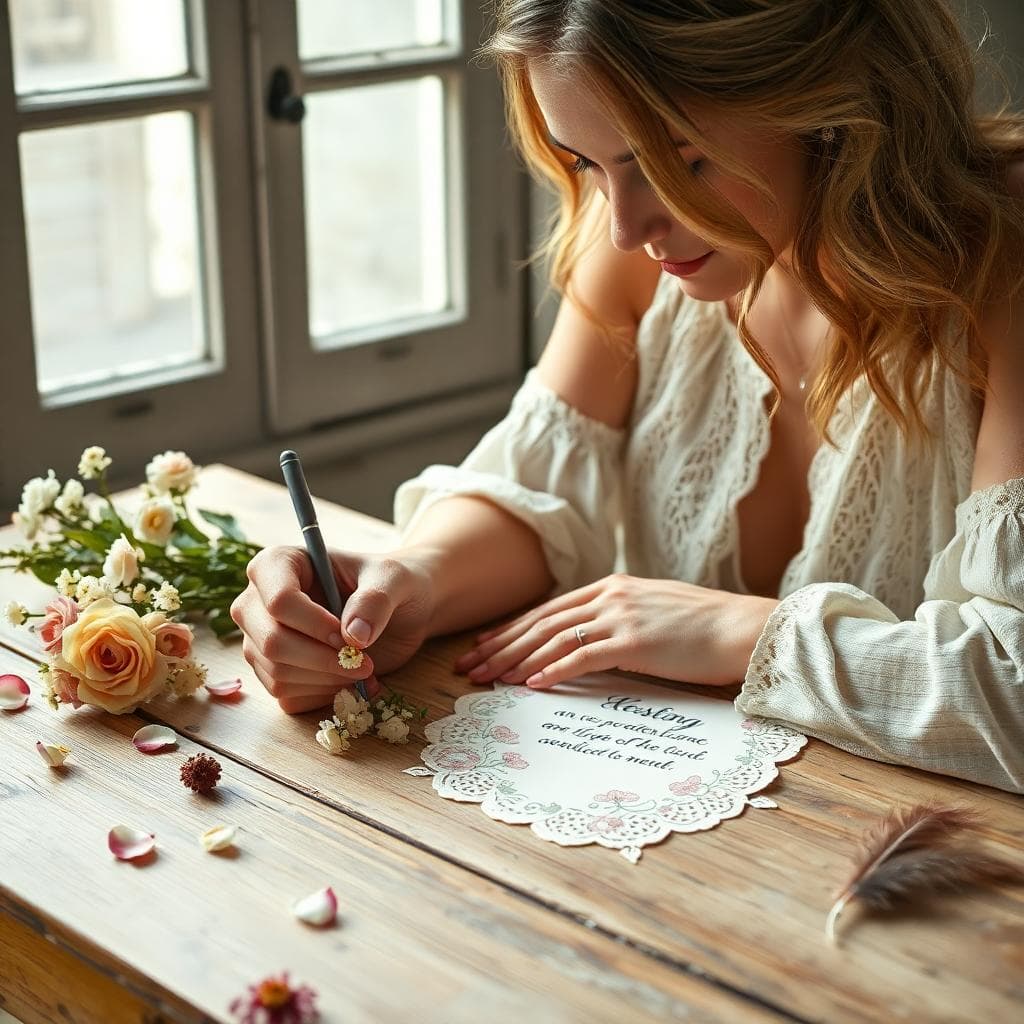 Femme écrivant une carte de mariage bohème sur papier artisanal, ambiance douce et romantique