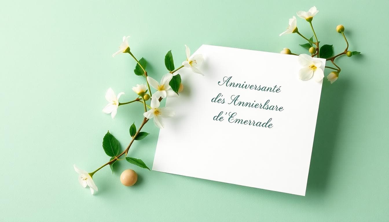 Carte verte élégante de noces d’émeraude avec muguet et alliance, style aquarelle, ambiance douce et romantique