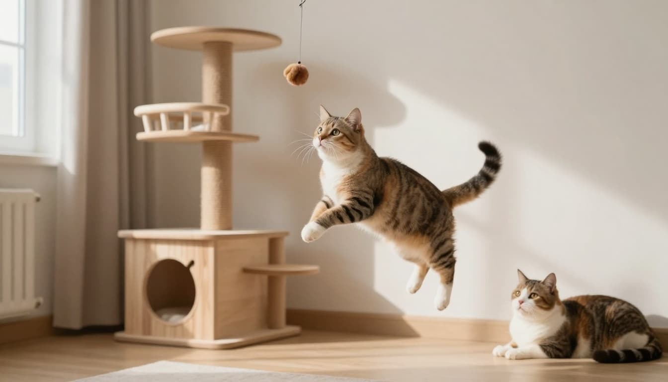 Dynamic scene of an adult cat leaping to catch a dangling toy on a wooden cat tree in a minimalist Scandinavian interior, transitioning from high-energy play to rest.