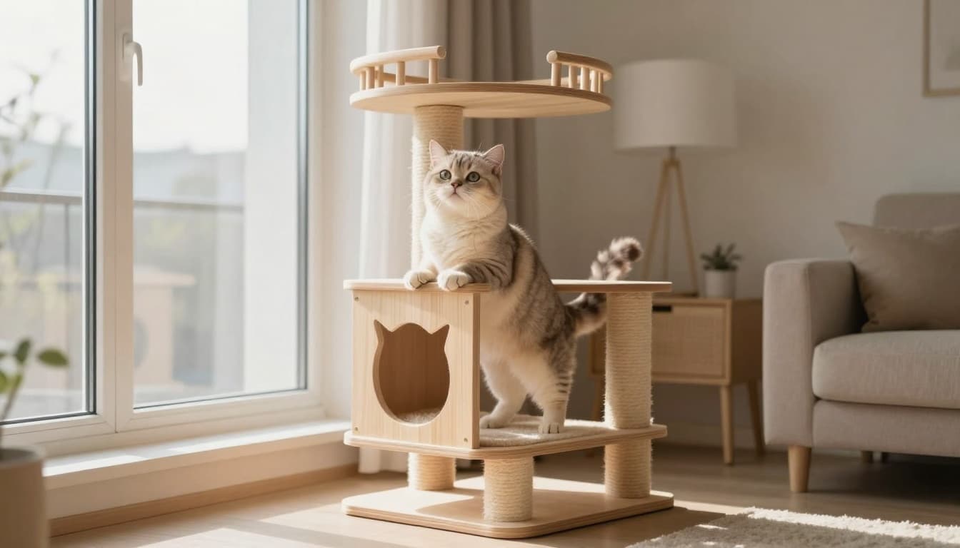 An energetic cat stretches and wakes up at dawn on a designer wooden cat tree platform near a large window in a minimalist Scandinavian living room with soft morning light.