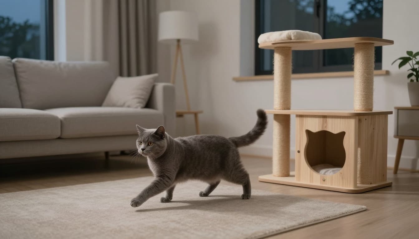 A bored adult gray cat energetically zooms around a modern Scandinavian living room at evening, chasing its tail near a stylish light wood cat tree with scratching posts. Minimalist decor in neutral beige and grey tones bathed in soft evening natural light creates a warm, cozy atmosphere.