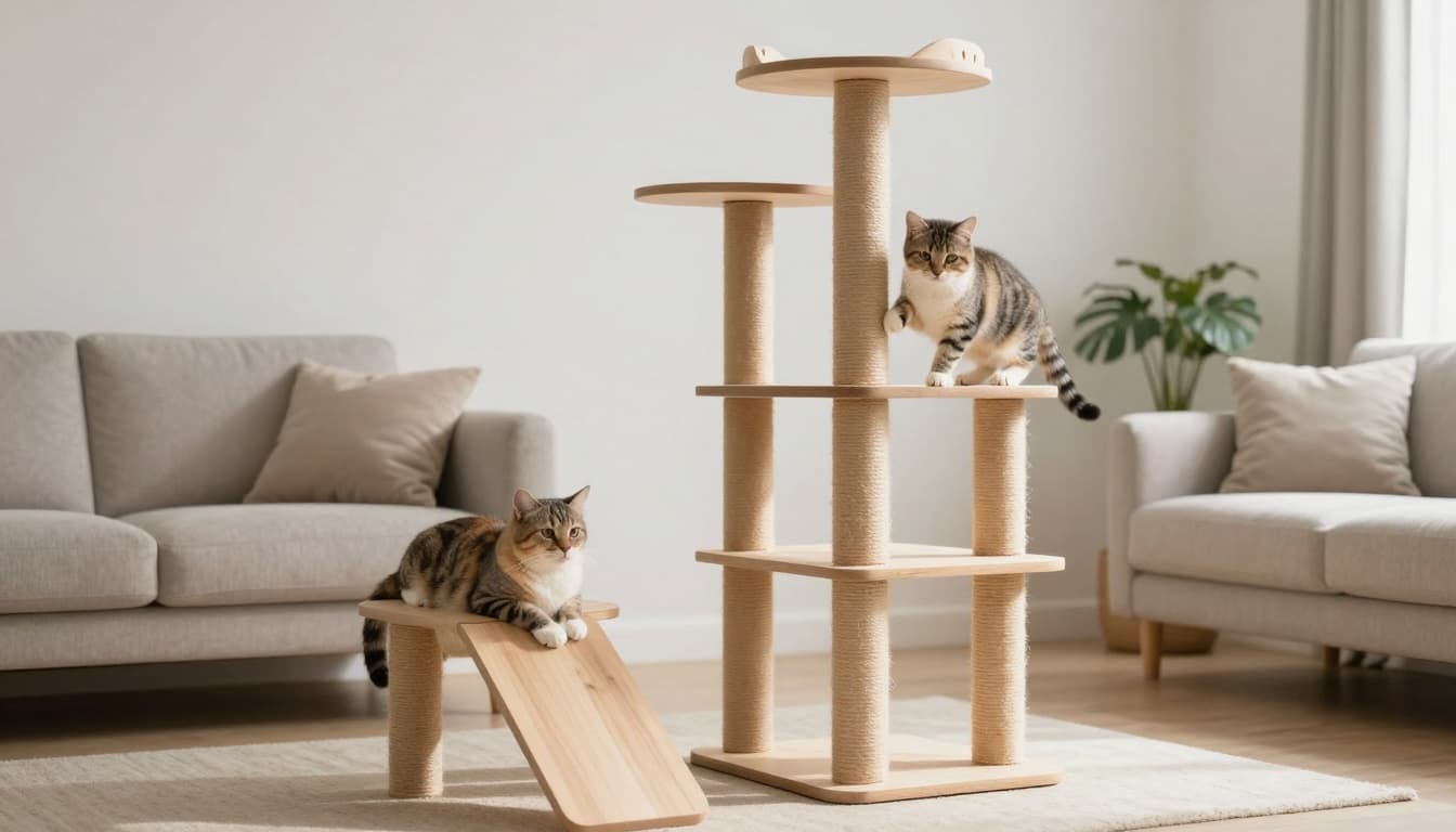 In a bright Scandinavian living room with minimalist decor and neutral tones, a young energetic kitten climbs high on a sturdy wooden cat tree featuring multiple platforms and scratching posts, while a senior cat comfortably rests on a low platform accessed by a gentle ramp.