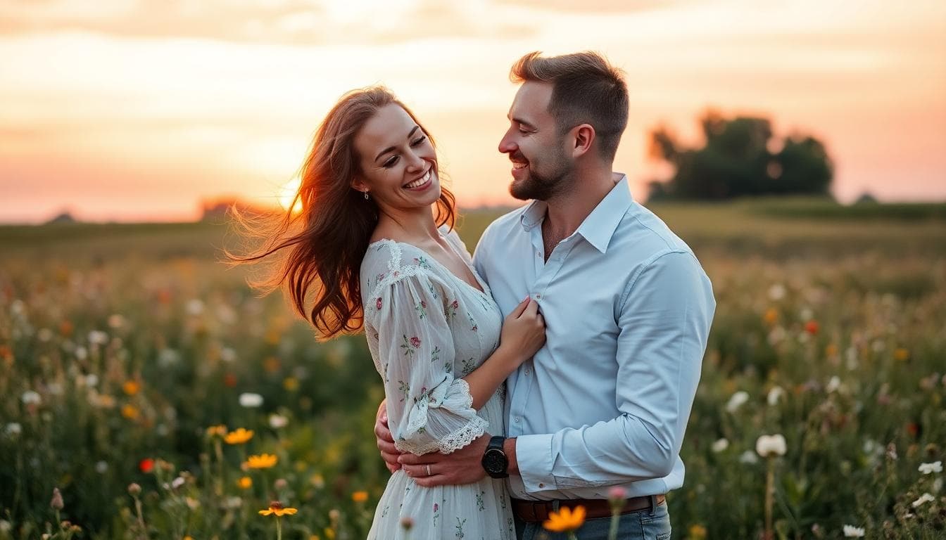 Un couple heureux et amoureux, fraîchement fiancés, dans une ambiance bohème romantique au coucher du soleil dans un champ de fleurs sauvages