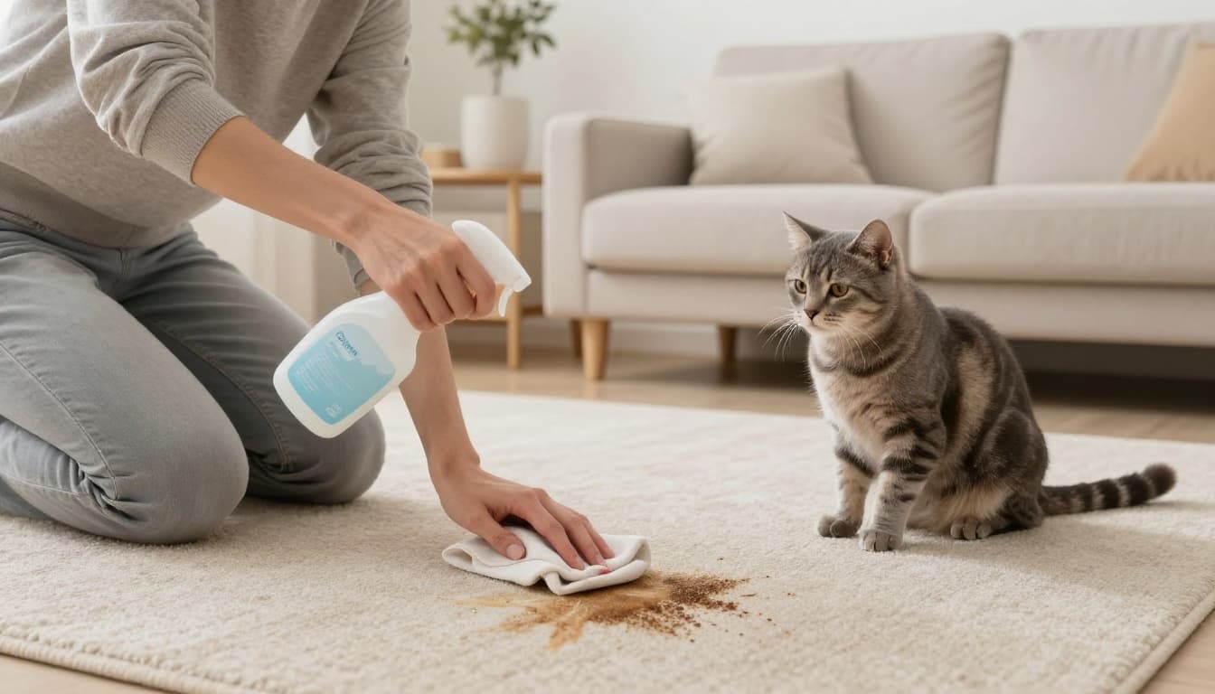 A person in casual clothes sprays enzymatic cleaner on a beige carpet stain in a bright Scandinavian living room, wipes it clean, and ensures drying while a calm grey tabby cat watches from a modern sofa.
