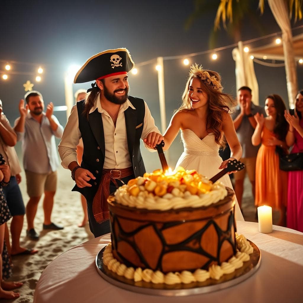Entrée de gâteau style pirates ou rock, couple en tenue bohème avec touches rock, ambiance cinématographique et festive
