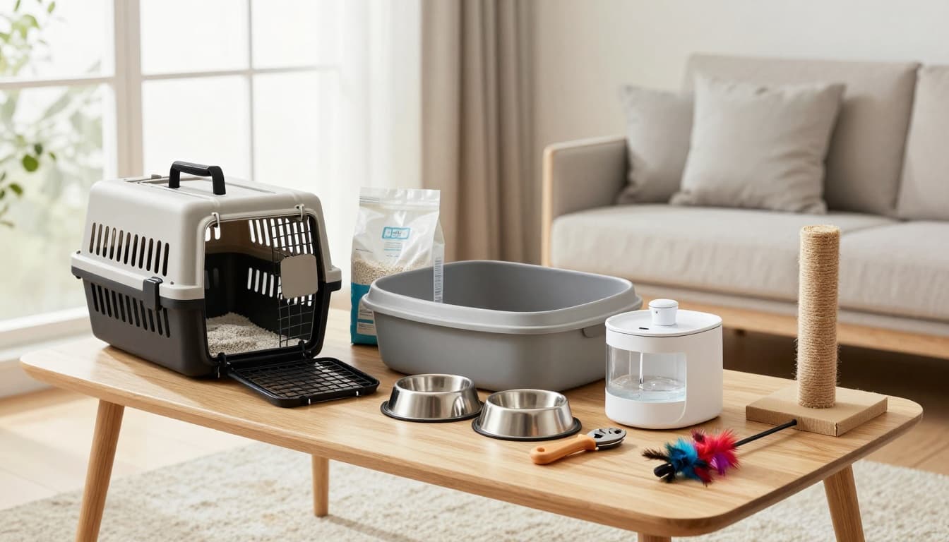 Neat arrangement of high-quality cat starter kit items unpacked on a light wooden table in a bright Scandinavian living room, including cat carrier, litter box, water fountain, food bowls, grooming brush, claw clippers, feather toy, and scratching post.