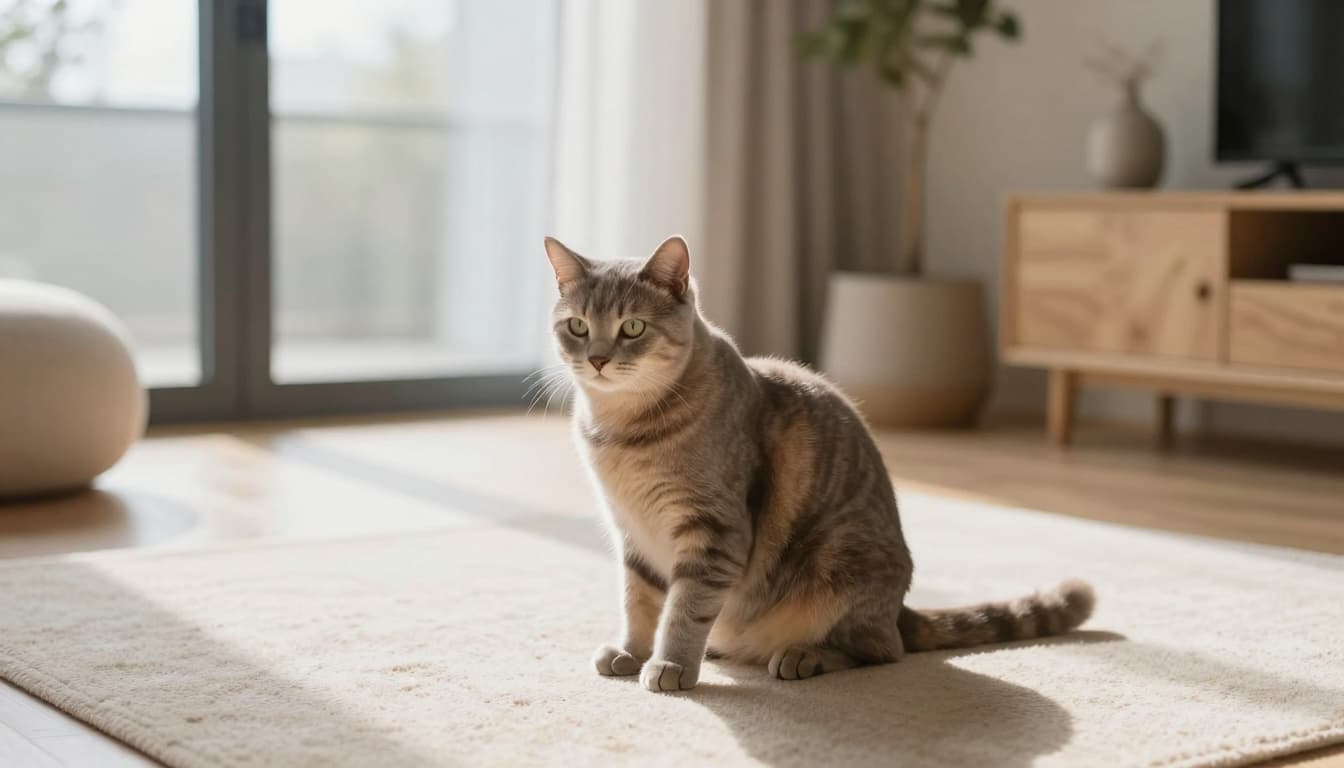 An elegant European shorthair cat sits calmly near a clean litter box with fine sand in a modern Scandinavian living room featuring neutral beige and light gray tones, abundant natural light, minimalist light wood furniture, and a sturdy cat tree in the background.