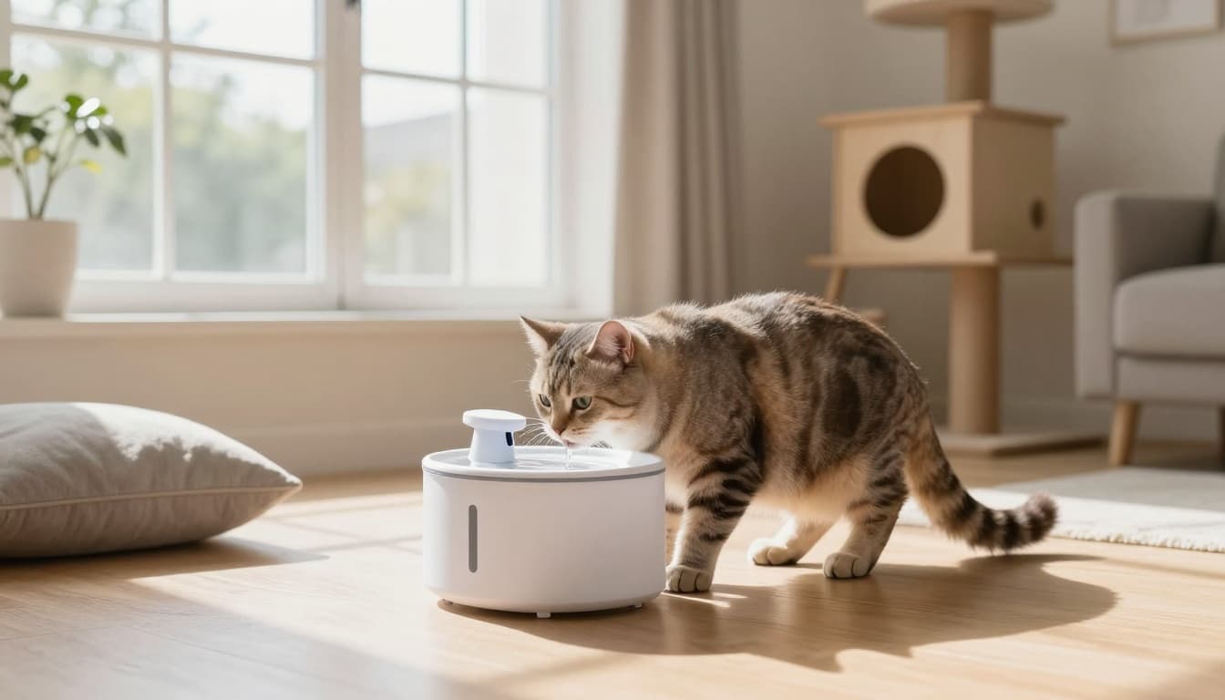 A serene European shorthair cat calmly drinks from a stylish modern cat water fountain on a light wood floor in a bright Scandinavian living room with natural morning light and minimalist decor.