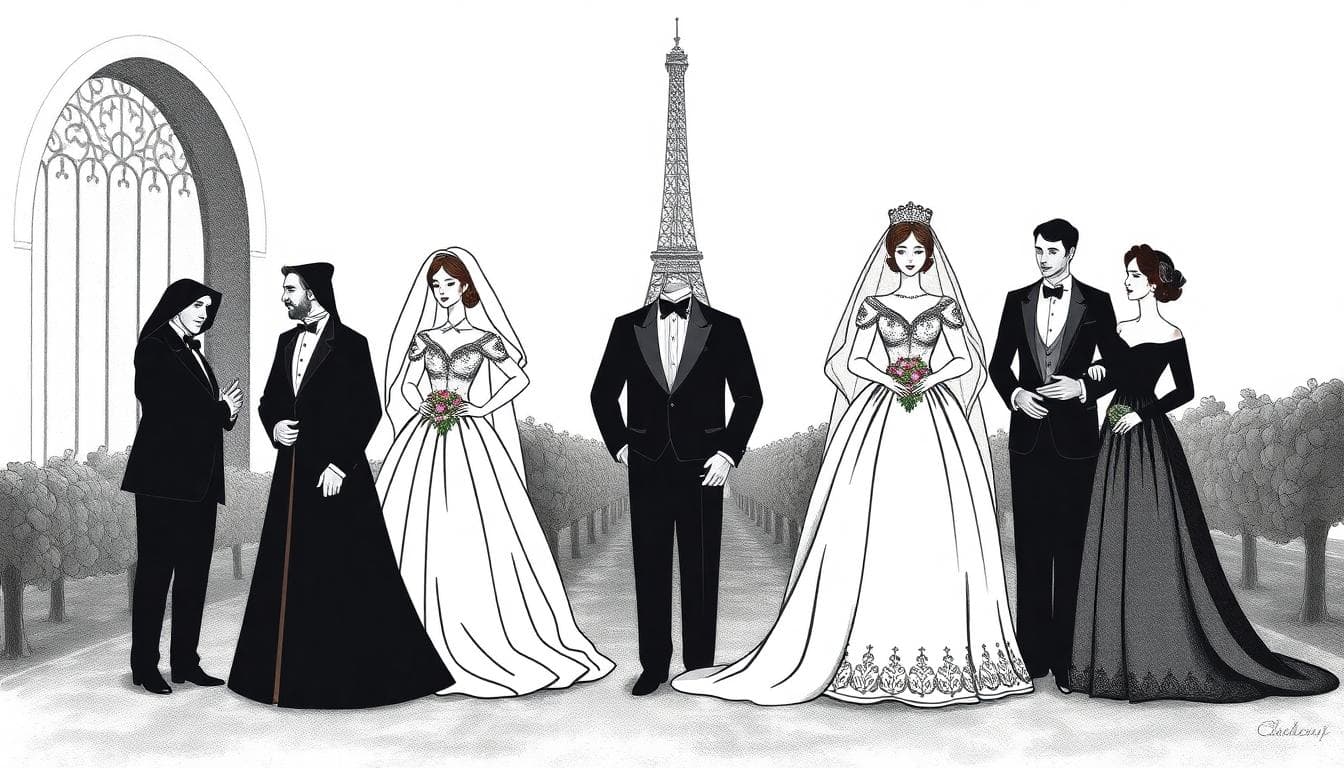 Illustration historique montrant l'évolution des tenues de mariage avec le noir, du deuil funéraire du XIXe siècle en France à des robes élégantes contemporaines