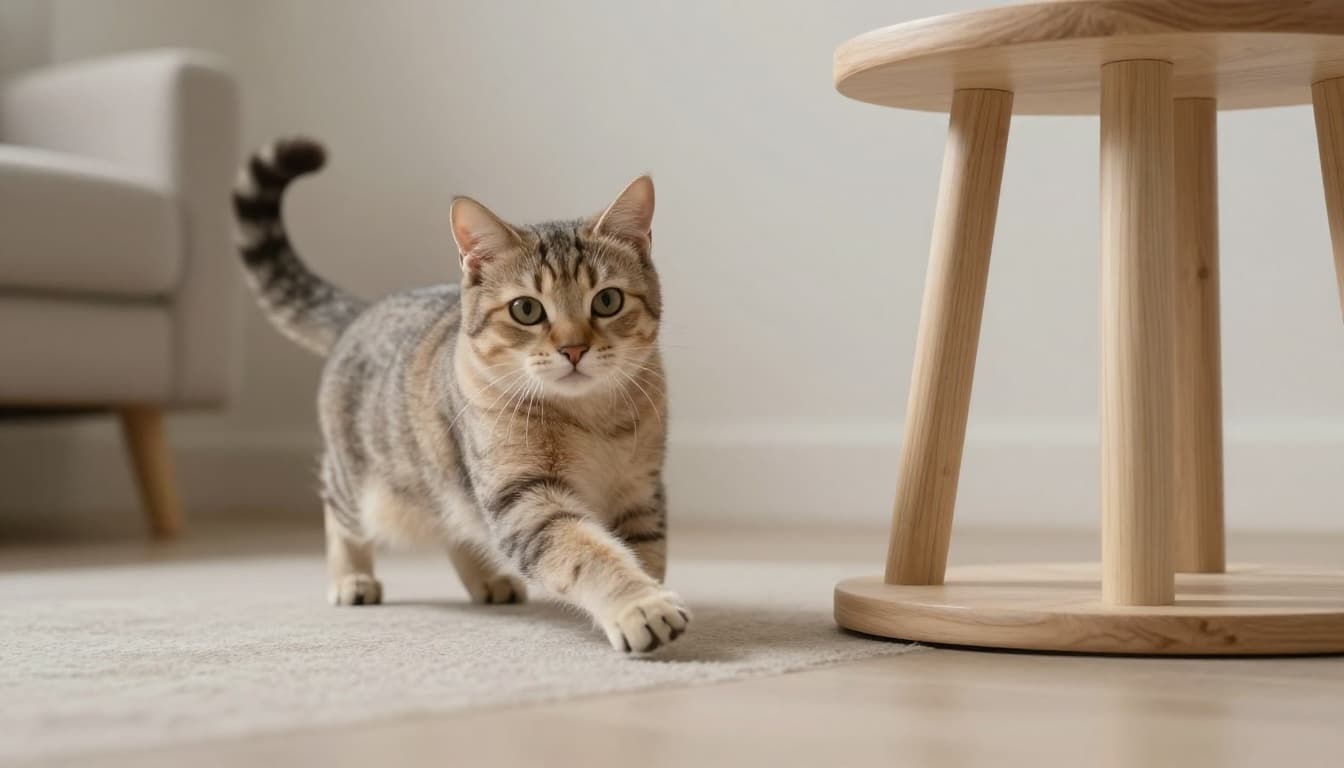 A cat in an excited hunting pose with front paws extended, quivering muscles, and slightly vibrating tail, set in a bright, cozy Scandinavian living room featuring neutral beige and light wood tones with natural light. A feather toy lies on the floor near a premium stable cat tree, captured in premium realistic lifestyle photography with subtle motion, soft depth of field, dynamic yet elegant mood, and minimalist background.