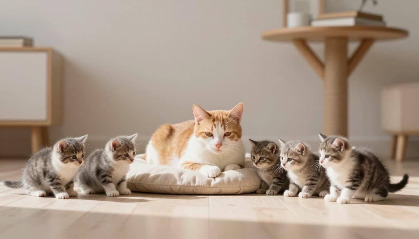 A tired domestic cat surrounded by her litter of 8 tiny, fragile kittens in a bright Scandinavian interior, lying exhausted on a soft cushion with cozy minimalist decor.