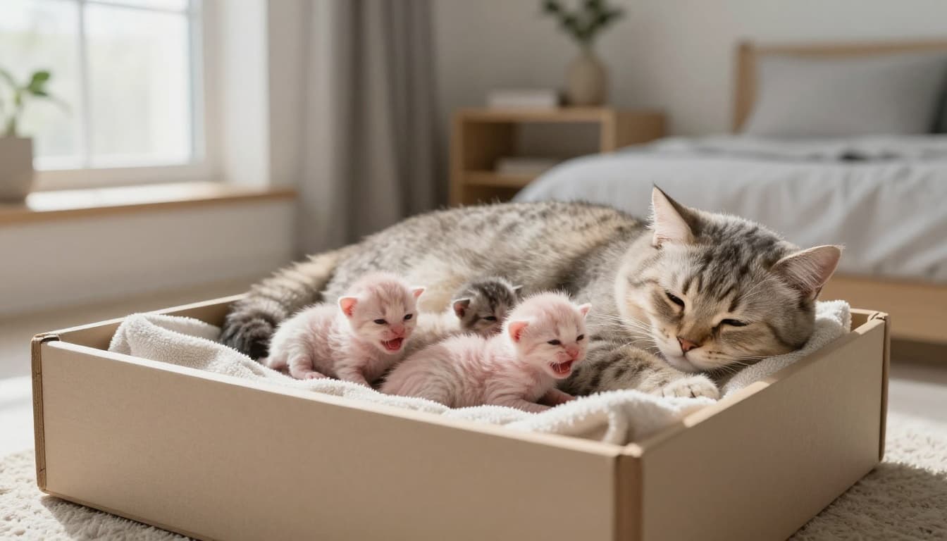 A mother cat after giving birth looks exhausted and lethargic, lying away from her cold, faintly crying newborn kittens in a cozy nest box in a serene modern Scandinavian bedroom.
