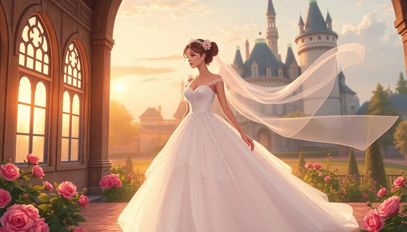 Robe de mariée princesse aux volumes féeriques dans un décor de château romantique, voile long et lumière pastel. Image created with AI