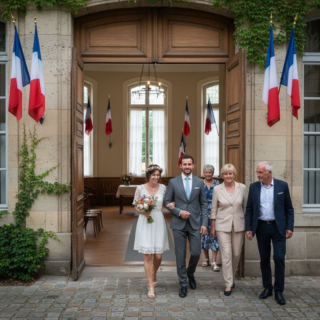 Groupe familial entrant à la mairie, mariée bohème, témoins et parents derrière