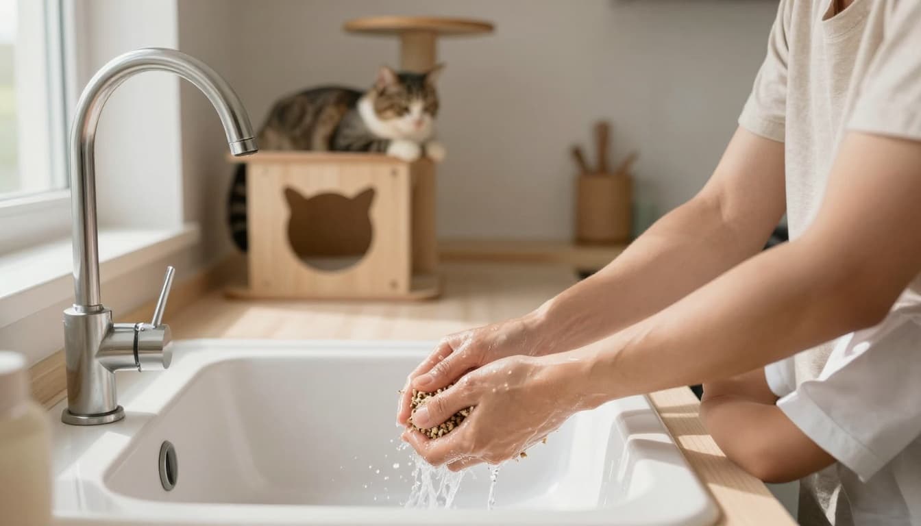 A parent and child thoroughly wash hands at the sink in a bright, minimalist Scandinavian kitchen after handling cat litter, with a relaxed cat on a wooden cat tree in the background.