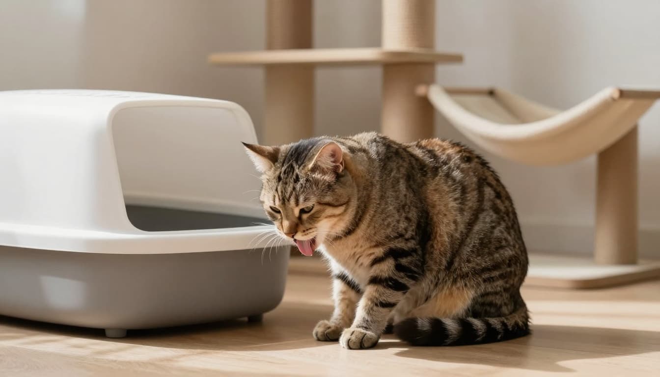 A male cat licks its belly intensely near a clean litter box in an elegant modern Scandinavian interior, appearing fatigued and uncomfortable with an anxious expression.