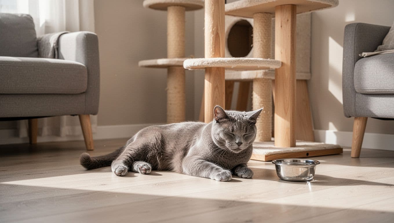 Realistic premium lifestyle photo of a single smooth-furred adult cat lying relaxed and breathing heavily in a quiet corner near a wooden cat tree on cool floor, half-closed eyes showing fatigue, untouched water bowl nearby, bright neutral tones.