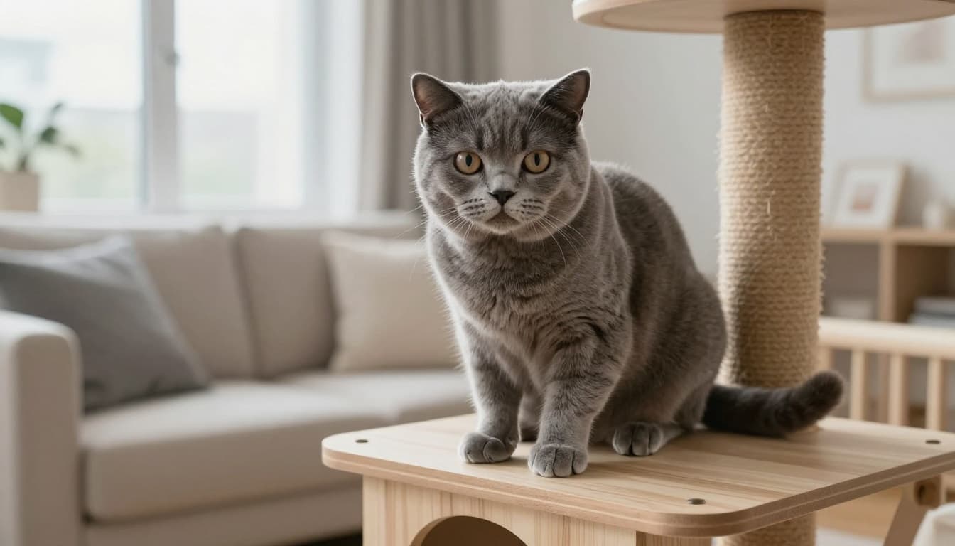 A sleek gray shorthair cat shows fear signs like flattened ears, dilated pupils, tucked tail, arched back, and crouched posture on a high platform of a premium wooden cat tree in a modern Scandinavian living room with bright natural light.