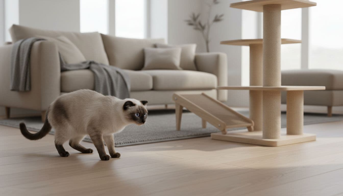 In a bright Scandinavian living room with minimalist neutral tones, a fearful Siamese cat with flattened ears and tense body stands cautiously at a distance from a premium wooden cat tree.