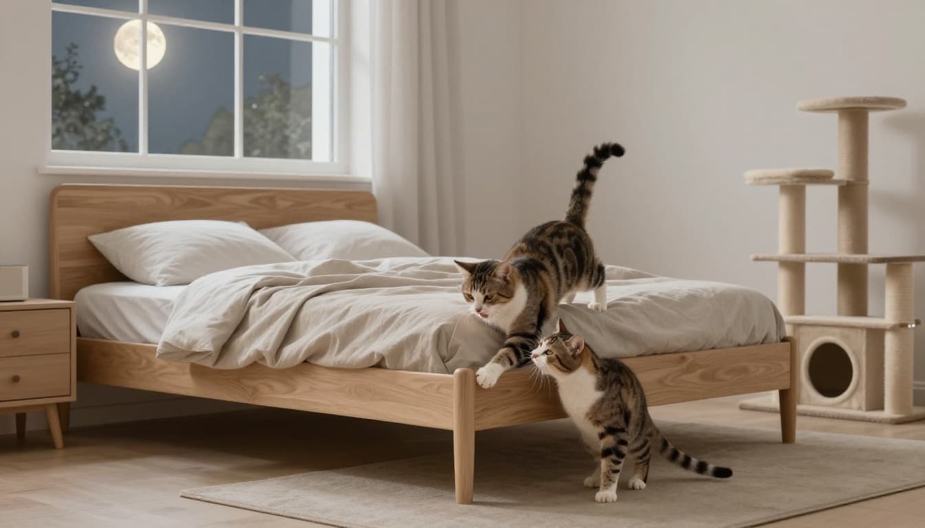 A female cat in heat shows restlessness with an arched back and tail up, rubbing against furniture in a serene minimalist Scandinavian bedroom at night, illuminated by soft moonlight.