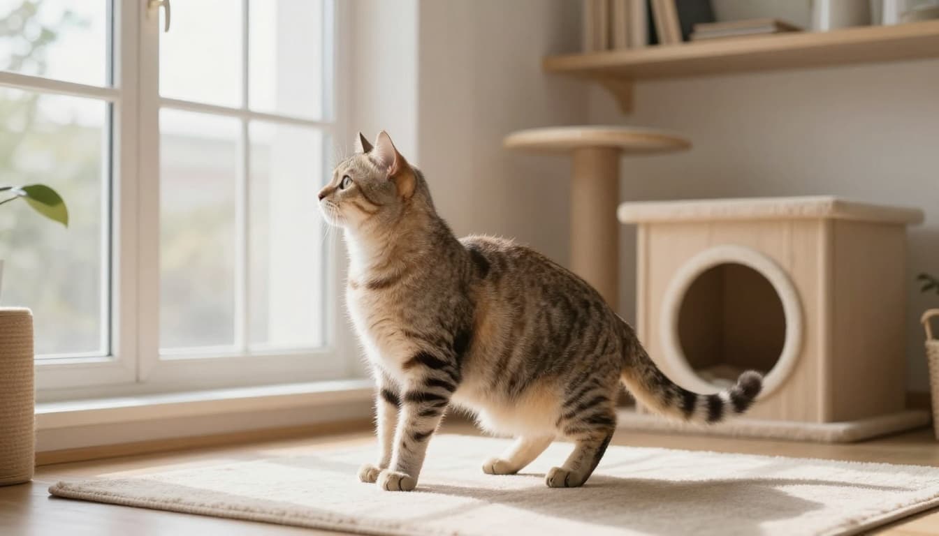 A female cat in œstrus phase adopts the lordosis posture with hindquarters raised and tail aside, looking toward an open window in a cozy Scandinavian apartment.