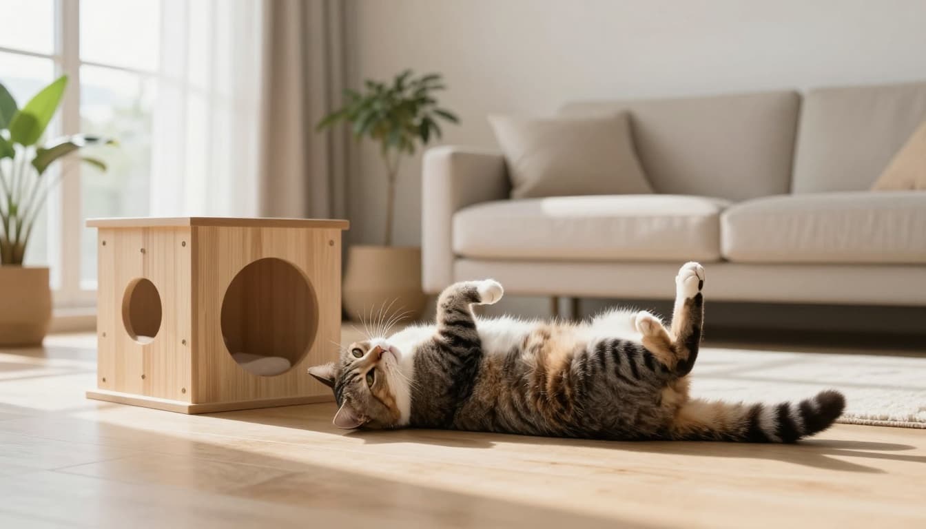A female domestic shorthair cat in heat displays typical behaviors: rolling playfully on her back on a light wooden floor, rubbing her face against a premium light wood cat tree, and arching her back with hindquarters raised and tail to the side.