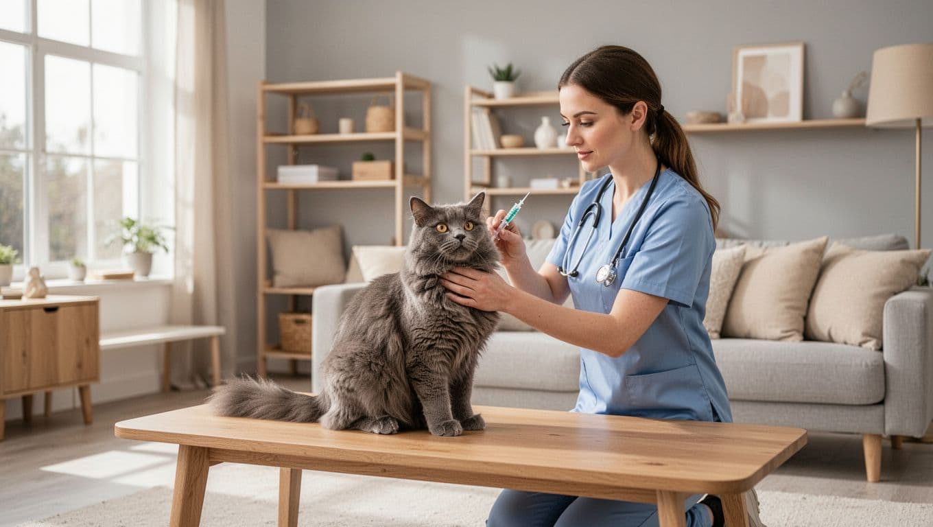 A kind female veterinarian gently administers a vaccination to one fluffy grey cat sitting calmly on a low wooden examination table in a bright modern Scandinavian-style living room with natural light and minimalist decor.