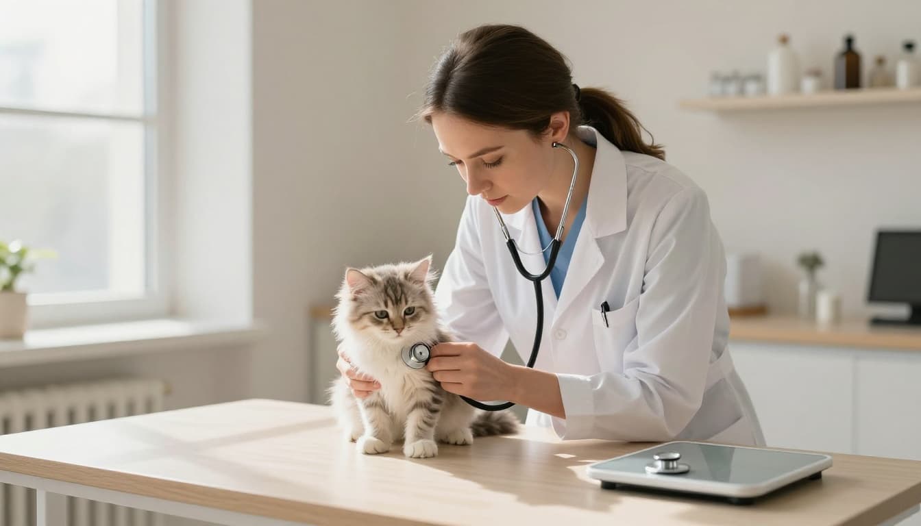 In a bright modern Scandinavian veterinary clinic, a gentle female veterinarian carefully examines a healthy young fluffy kitten using a stethoscope and scale, with soft natural light creating a warm, reassuring atmosphere.